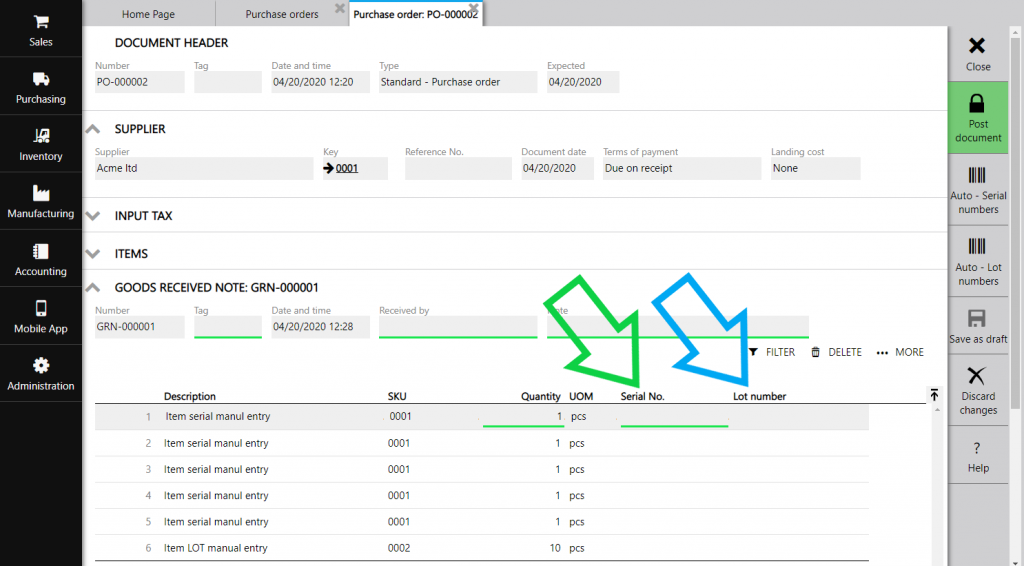 serial and lot number column in purchase order